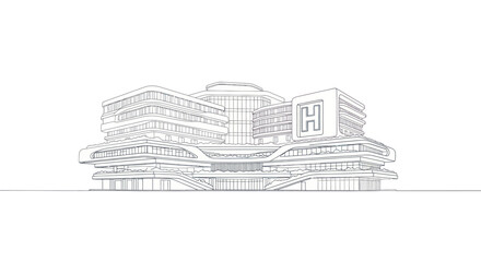 Naklejka premium Detailed line drawing showcases a modern hospital exterior with sleek architectural designs