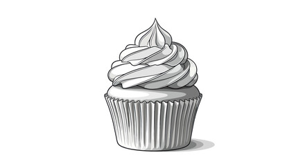 Elegant monochromatic cupcake illustration with intricate frosting and detailed liner pattern