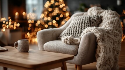 Cozy knit blanket on comfortable armchair
