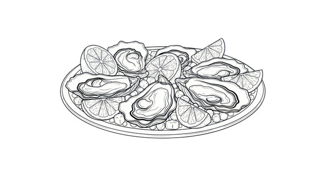 Elegant oyster illustration with lemon wedges served on a decorative plate design