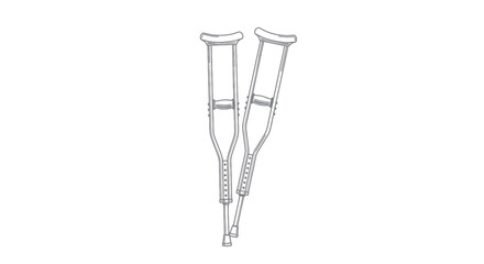 Minimalist line drawing featuring two crutches on a clean white background isolation