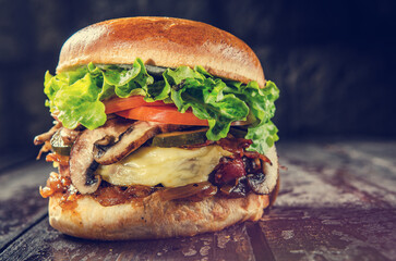 A juicy smash burger captured in a professional shot, featuring a perfectly seared patty, melted cheese, fresh toppings, and a golden toasted bun, styled to highlight flavor and texture.