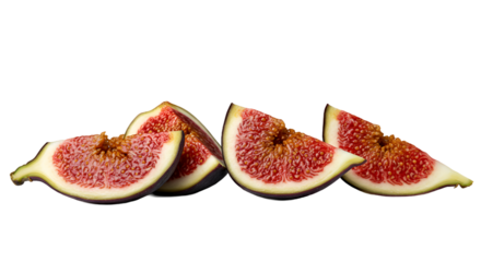 Freshly Sliced Figs Arranged in a Row, Revealing Vibrant Red Pulp
