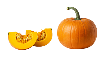Studio Shot of Fresh Whole Pumpkin and Sliced Pieces on Gradient
