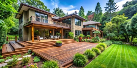 Obraz premium A large house with a wooden deck and a patio surrounded by lush greenery and a serene garden