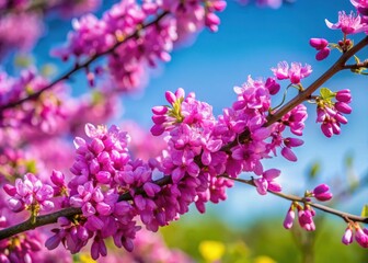 Cercis siliquastrum flowers on blue sky background in Florida nature