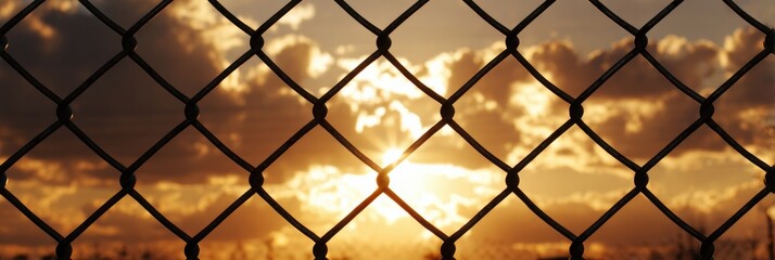 Fototapeta premium Sunset Behind a Chain Link Fence With Clouds in the Sky During Evening Hours at an Outdoor Location
