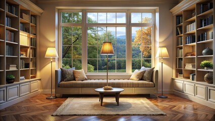 Luxurious living room with a large window seat and floor lamp