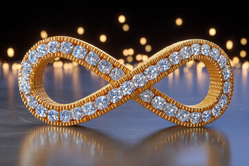 Luxury infinity symbol with diamonds on golden surface
