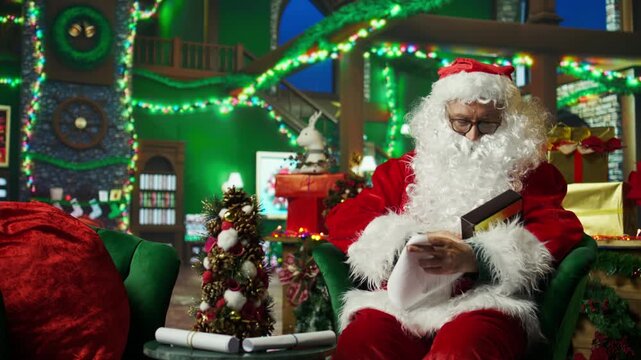 Santa Claus getting gift box falling from sky while reading letters from kids in cozy Christmas set. Present falling in man lap while looking at wish lists, Christmas miracle concept, camera A