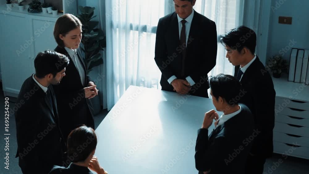 Poster top view of professional business team pointing at meeting table while brainstorm marketing idea at 