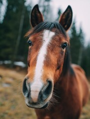 Obraz premium Close-up View of a Curious Brown Horse in a Natural Setting Surrounded by Trees on a Cloudy Day