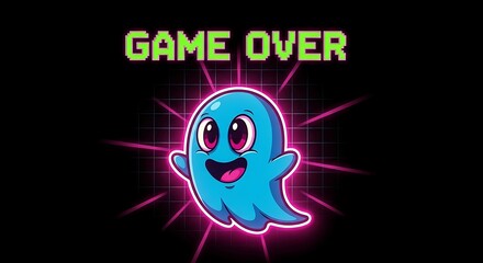 Cute blue ghost with game over text, cartoon character on black background
