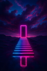 A neon lighted staircase leading to a door in a dark, cloudy sky