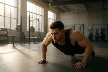 Naklejka premium Ultra realistic photo of athletic man doing push-ups in modern gym with sunlight beams, fitness training, health and sports concept