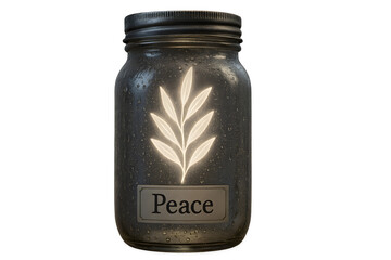 A jar with a leaf on it that says peace