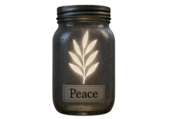 A jar with a leaf on it that says peace