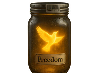 A jar with a bird inside and the word freedom written on it