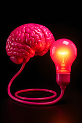 A pink brain is connected to a light bulb