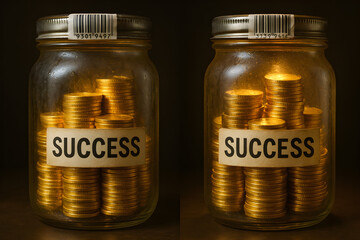 Two jars filled with gold coins, one labeled success