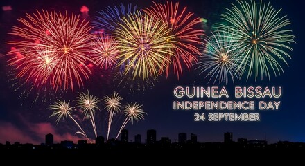 Spectacular Fireworks Display Celebrating Guinea-Bissau Independence Day, Night Sky.