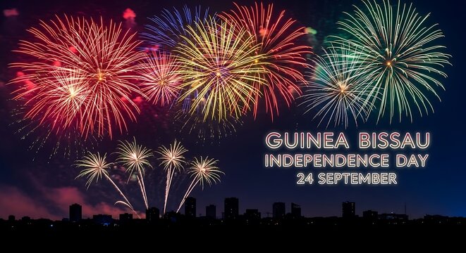 Spectacular Fireworks Display Celebrating Guinea-Bissau Independence Day, Night Sky. - Powered by Adobe