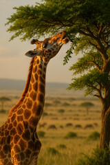 A giraffe is eating leaves from a tree in a grassy field