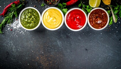 Colorful sauces arrangement on dark background offering various flavors and culinary options