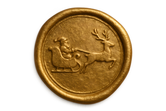 A gold coin with a deer and a man on a sleigh