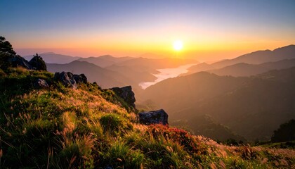 Breathtaking panoramic view of a golden sunrise illuminating a vast mountain range and serene valley