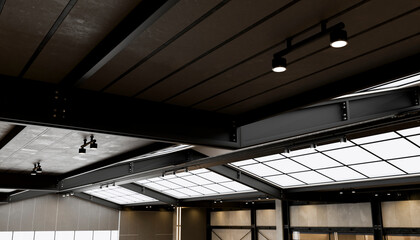 Obraz premium Industrial ceiling with exposed beams and skylight illuminating modern interior - 3D render