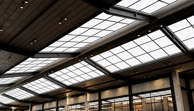 Modern architecture featuring a stylish glass roof illuminating a spacious interior - 3D render