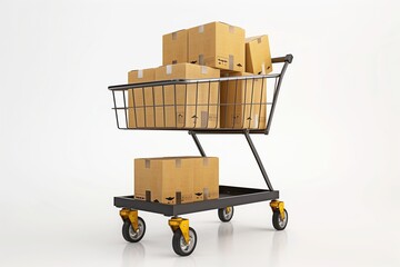 Warehouse trolley loaded with packages, minimal white background, shipping and logistics theme.