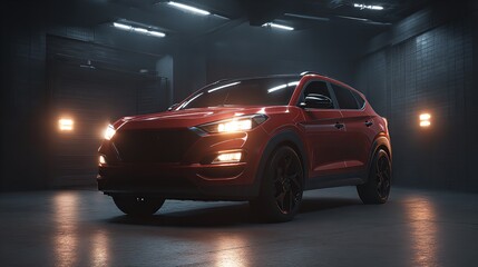 Sleek red SUV showcases bold design under moody lighting in an urban garage.