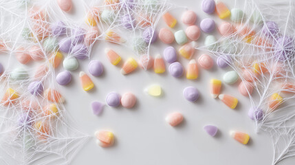 pastel halloween candies with candy corn and spider webs