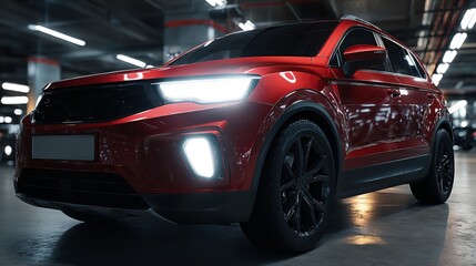 Sleek Red SUV Showcasing Modern Design in a Garage Setting with Bright Lights.