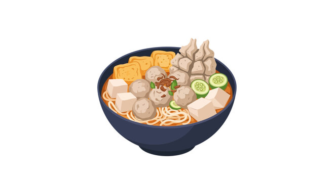 Authentic asian bakso bowl illustration with savory broth and noodles