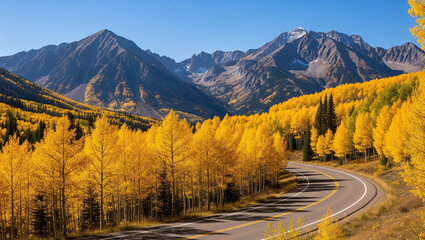 Naklejka premium Scenic Mountain Road Surrounded by Golden Aspen Trees in Autumn