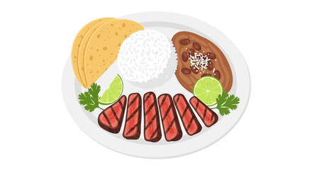 Delicious Mexican Platter with Grilled Beef, Rice, Beans, and Tortillas