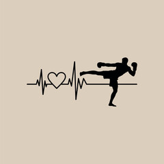 Heartbeat Kickboxing Vector, Love for Martial Arts Silhouette Design