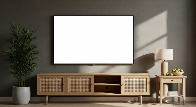 Bright modern living room showcases a large blank screen TV above a stylish wooden media console, creating a serene ambiance with natural light.