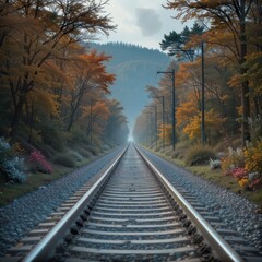 Fototapeta premium : Autumn forest with railroad tracks stretching into distance under golden foliage