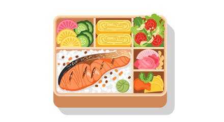 Delightful Bento Box Illustration Featuring Salmon and Fresh Ingredients