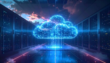 Futuristic cloud computing in a server room