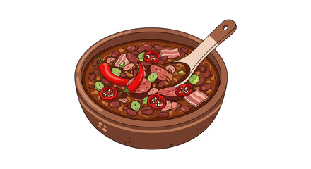 Vibrant bowl of hearty bean stew with spicy peppers and smoked meats