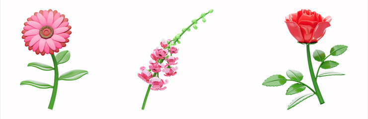 3D Rose, Snapdragon & Zinnia Flower Illustration Set – Realistic Floral Designs for Decor, Art, and Creative Projects - 1
