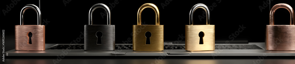 Aufkleber set of three laptops with digital padlocks as a symbl for cyber security and dta protection, isolate
