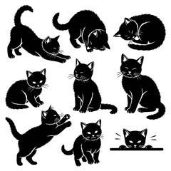 A collection of black cat illustrations in various poses, including stretching, sleeping, playing, and sitting, depicted as silhouettes.