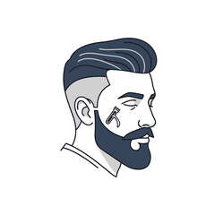 A stylish man with a modern haircut and beard, featuring a barber clipper detail on his cheek.