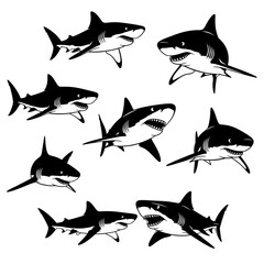 A collection of black and white stylized shark illustrations in various dynamic poses, showcasing different angles and expressions of these powerful marine predators.